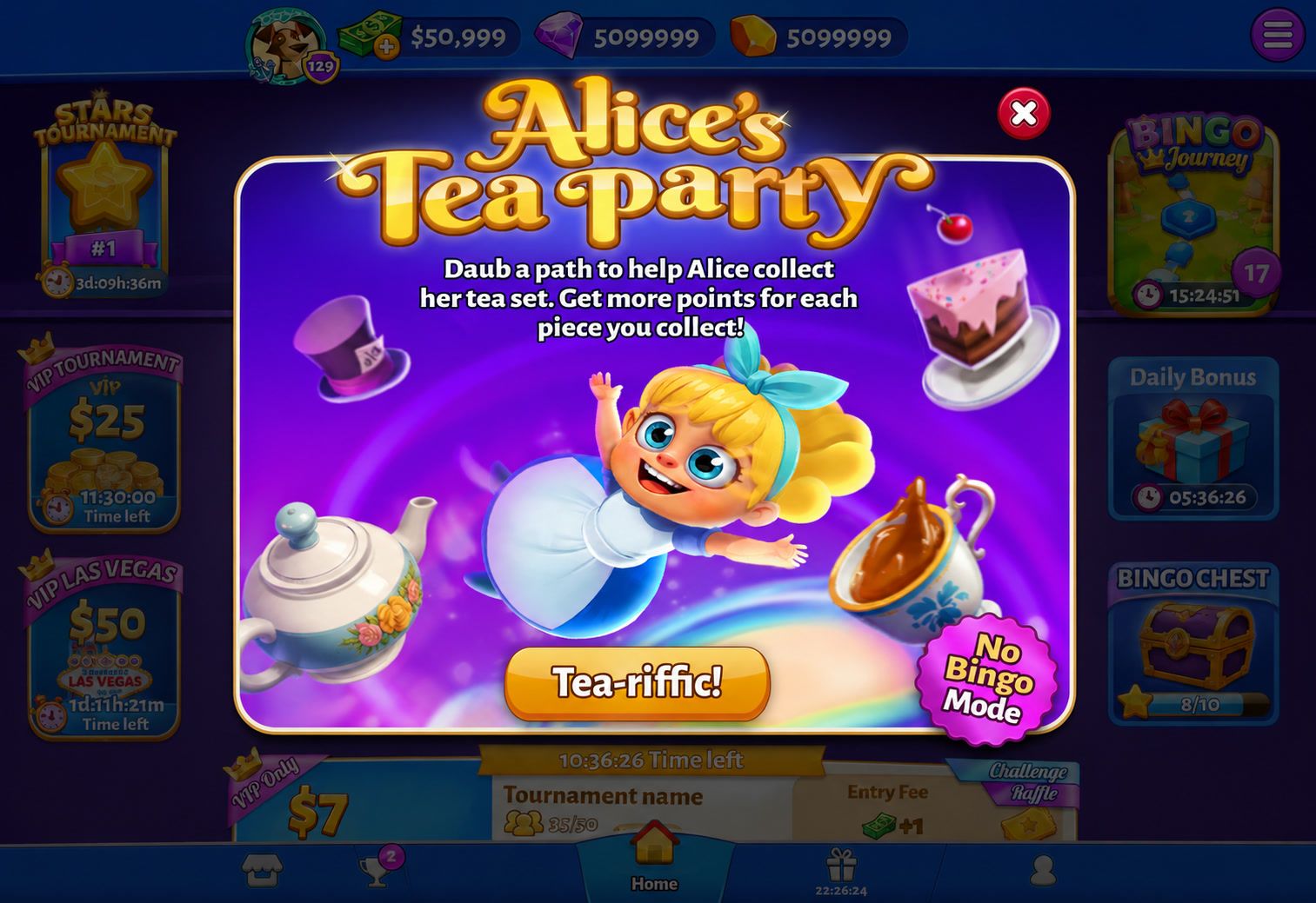 Alice's Tea Party game mode intro screen in Bingo Cash
