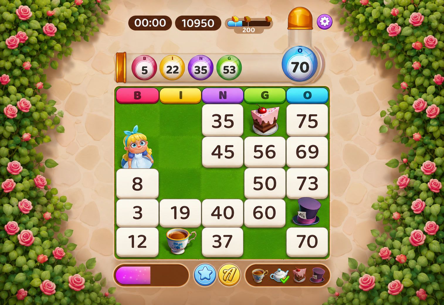 Alice moving across the Bingo Cash game board, collecting the tea set