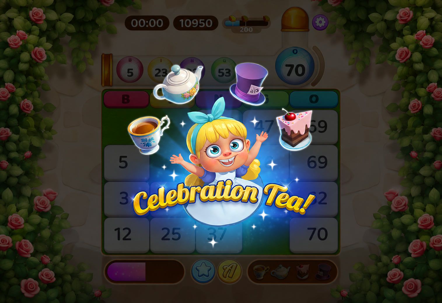 Alice's Celebration Tea win screen in Bingo Cash